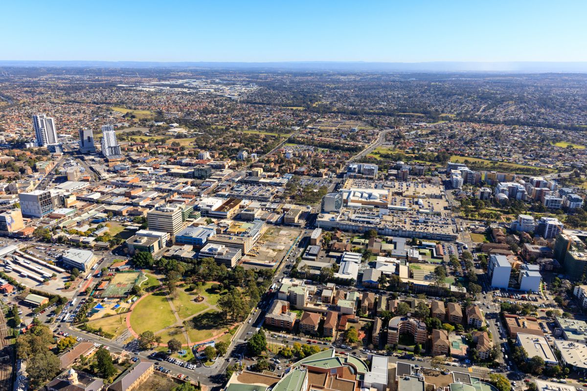Aerial image of the Liverpool city centre, which was rezoned in 2018 to allow mixed-use development and help it transition into Sydney's Third CBD.
