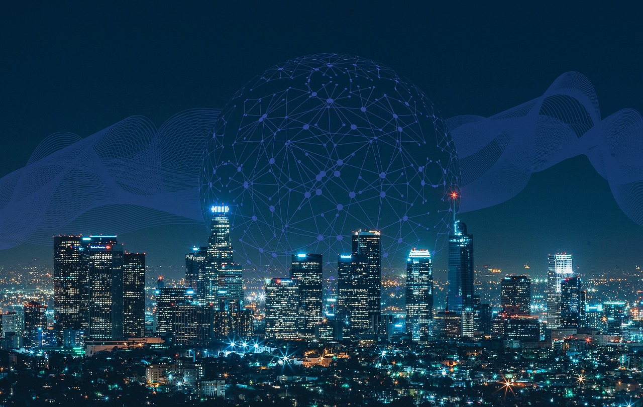 An advanced urban environment filled with smart gadgets and networks, depicting the evolution of the internet and data.