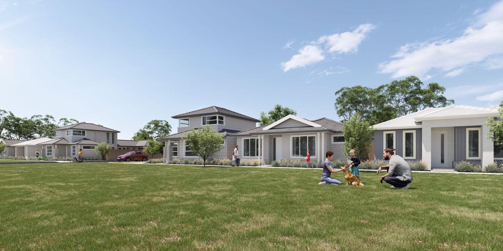 A visual representation of newly constructed homes in a suburban area, emphasising modern design and community layout for The Rise Estate in Pakenham, Victoria, Australia. 